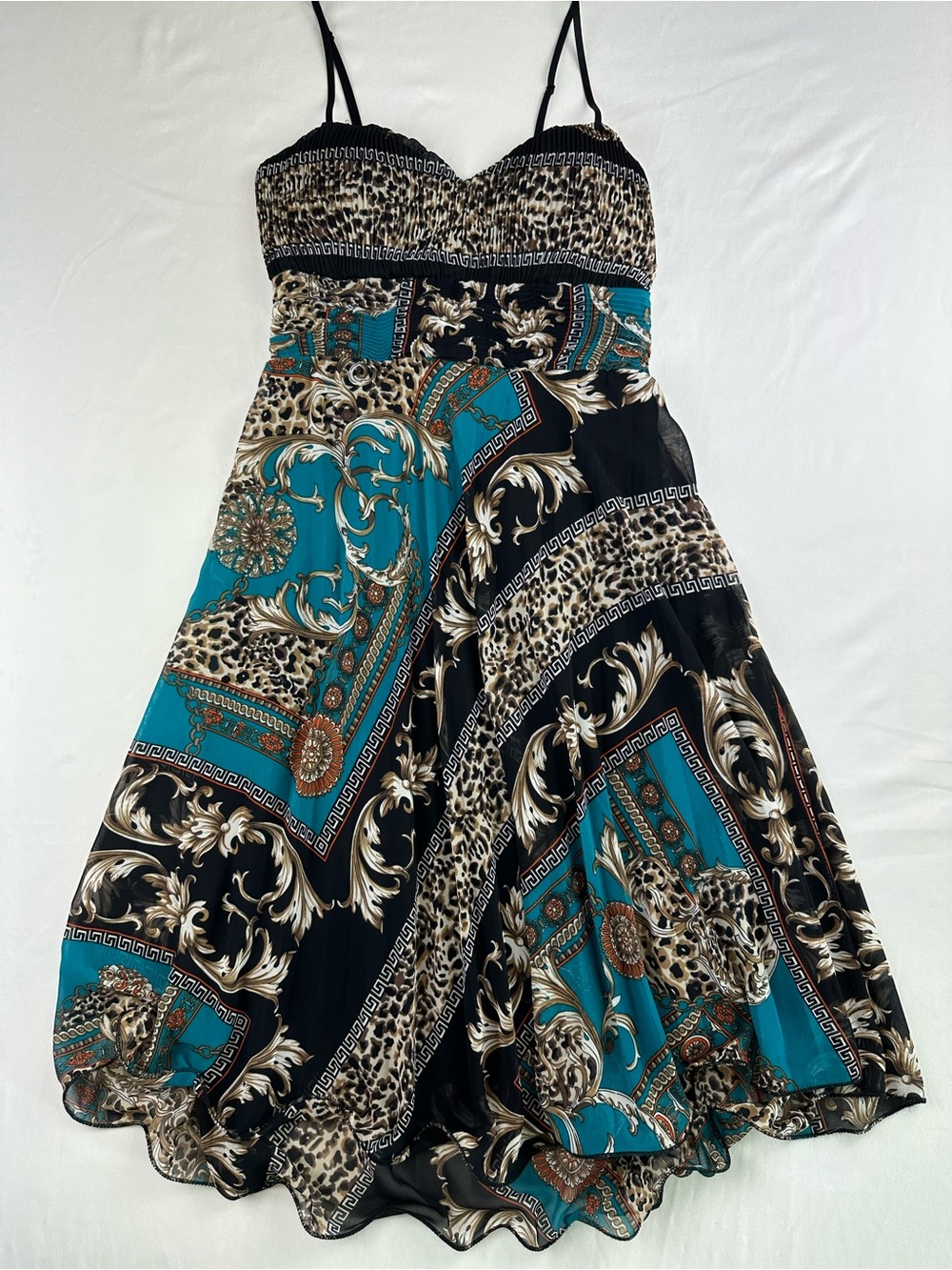 Y2K Baroque Cheetah Print Handkerchief Hem Midi Dress Retro 90s Fairy Boho